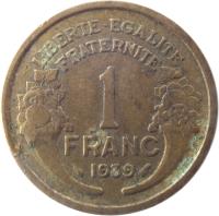France coin 1 Franc (1931 - 1941) reverse reverse of 1 Franc (1931 - 1941) coin with KM# 885 from France. Inscription: LIBERTE-EGALITE FRATERNITE 1 FRANC 1939