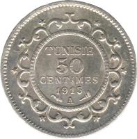 Tunisia coin 50 Centimes - Muḥammad V an-Nāṣir (1907 - 1921) reverse reverse of 50 Centimes - Muḥammad V an-Nāṣir (1907 - 1921) coin with KM# 237 from Tunisia. Inscription: TUNISIE 50 CENTIMES 1917 A