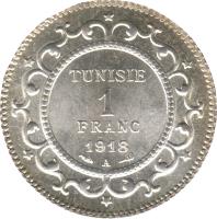 reverse of 1 Franc - Muḥammad V an-Nāṣir (1907 - 1921) coin with KM# 238 from Tunisia. Inscription: TUNISIE 1 FRANC 1916 A