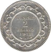 Tunisia coin 2 Francs - Muḥammad V an-Nāṣir (1907 - 1921) reverse reverse of 2 Francs - Muḥammad V an-Nāṣir (1907 - 1921) coin with KM# 239 from Tunisia. Inscription: TUNISIE 2 FRANCS 1912 A