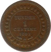 reverse of 1 Centime - Ali III (1891) coin with KM# 219 from Tunisia. Inscription: TUNISIE 1 CENTIME 1891 A