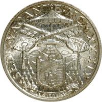 obverse of 5 Lire - Sede Vacante - Sede Vacante (1939) coin with KM# 20 from Vatican City. Inscription: SEDE · VACANTE · MCMXXXIX OPVS IVSTITIA PAX