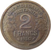 France coin 2 Francs (1931 - 1941) reverse reverse of 2 Francs (1931 - 1941) coin with KM# 886 from France. Inscription: LIBERTE-EGALITE FRATERNITE 2 FRANCS 1941