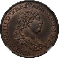 obverse of 1/2 Stiver - George III (1815) coin with KM# 80 from Ceylon. Inscription: GEORGIUS III BRITANNIA RUM REX