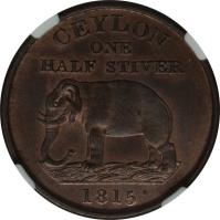 reverse of 1/2 Stiver - George III (1815) coin with KM# 80 from Ceylon. Inscription: CEYLON ONE HALF STIVER 1815
