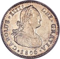 obverse of 1 Real - Carlos IV - Colonial Milled Coinage (1792 - 1808) coin with KM# 58 from Chile. Inscription: CAROLUS · IIII · 	DEI · GRATIA · 1801 ·