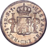 reverse of 1 Real - Carlos IV - Colonial Milled Coinage (1792 - 1808) coin with KM# 58 from Chile. Inscription: · HISPAN · ET IND · REX · Sᴼ · 1 R · A · J ·
