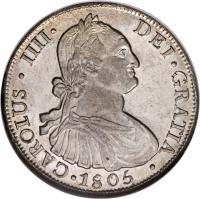 obverse of 8 Reales - Carlos IV - Colonial Milled Coinage (1791 - 1808) coin with KM# 51 from Chile. Inscription: CAROLUS · IIII · DEI · GRATIA