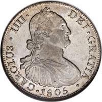 Chile coin 8 Reales - Carlos IV - Colonial Milled Coinage (1791 - 1808) obverse obverse of 8 Reales - Carlos IV - Colonial Milled Coinage (1791 - 1808) coin with KM# 51 from Chile. Inscription: CAROLUS · IIII · DEI · GRATIA