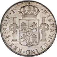 reverse of 8 Reales - Carlos IV - Colonial Milled Coinage (1791 - 1808) coin with KM# 51 from Chile. Inscription: HISPAN . ET IND.REX.So.8R.F.J