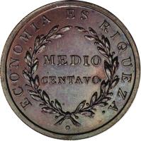 reverse of 1/2 Centavo (1835) coin with KM# 114 from Chile. Inscription: · CONOMIA ES RIQUEZA MEDIO CENTAVO