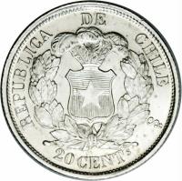 reverse of 20 Centavos (1863 - 1867) coin with KM# 135 from Chile. Inscription: REPUBLICA DE CHILE 20 CENTs