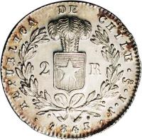 reverse of 2 Reales - Smaller (1843 - 1852) coin with KM# 100.2 from Chile. Inscription: REPUBLICA DE CHILE · Sᴼ · 2 R 1845