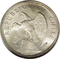 obverse of 5 Pesos (1927) coin with KM# 173 from Chile. Inscription: REPUBLICA DE CHILE