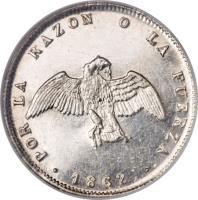 obverse of 1/2 Décimo (1860 - 1862) coin with KM# 121a from Chile. Inscription: POR LA RAZON O LA FUERZA 1862