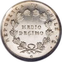 reverse of 1/2 Décimo (1860 - 1862) coin with KM# 121a from Chile. Inscription: REPUBLICA DE CHILE MEDIO DECIMO