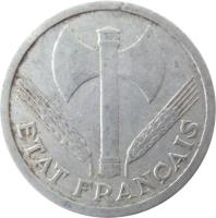obverse of 2 Francs (1943 - 1944) coin with KM# 904 from France. Inscription: ÉTAT FRANÇAIS S PACIS PETAIN