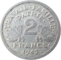 reverse of 2 Francs (1943 - 1944) coin with KM# 904 from France. Inscription: · TRAVAIL · FAMILLE · · PATRIE · 2 · FRANCS · 1943