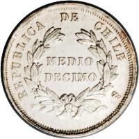Chile coin 1/2 Décimo (1867 - 1881) reverse reverse of 1/2 Décimo (1867 - 1881) coin with KM# 137.2 from Chile.