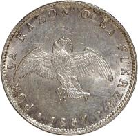 reverse of 1 Décimo (1851 - 1860) coin with KM# 124 from Chile. Inscription: POR LA RAZON O LA FUERZA · 1857 ·