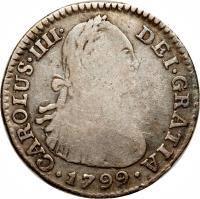 obverse of 1 Real - Carlos IV (1792 - 1804) coin with KM# 58 from Colombia. Inscription: CAROLUS.IIII.DEI.GRATIA. 1802 .