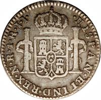 reverse of 1 Real - Carlos IV (1792 - 1804) coin with KM# 58 from Colombia. Inscription: HISPAN.ET IND.REX.NR.1R.ENSAYADOR