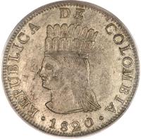 obverse of 8 Reales (1820 - 1821) coin with KM# C6 from Colombia. Inscription: REPUBLICA DE COLOMBIA 1820