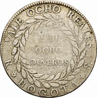 Colombia coin 8 Reales - Culebrilla (1839 - 1846) reverse reverse of 8 Reales - Culebrilla (1839 - 1846) coin with KM# 98 from Colombia. Inscription: VALE OCHO REALES LEI OCHO DINEROS R BOGOTA S