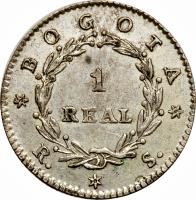 Colombia coin 1 Real (1837 - 1846) reverse reverse of 1 Real (1837 - 1846) coin with KM# 91 from Colombia. Inscription: BOGOTA 1 REAL * R. * S. *
