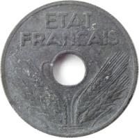 obverse of 20 Centimes (1941 - 1944) coin with KM# 900 from France. Inscription: ETAT FRANCAIS