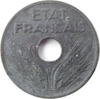 France coin 20 Centimes (1941 - 1944) obverse obverse of 20 Centimes (1941 - 1944) coin with KM# 900 from France. Inscription: ETAT FRANCAIS