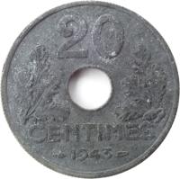 reverse of 20 Centimes (1941 - 1944) coin with KM# 900 from France. Inscription: 20 CENTIMES - 1943 -