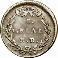 Colombia coin 1 Real (1827 - 1836) reverse reverse of 1 Real (1827 - 1836) coin with KM# 87 from Colombia. Inscription: LIBERTAD B. 1. REAL. R.S.
