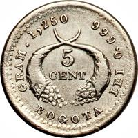 Colombia coin 5 Centavos (1875 - 1885) reverse reverse of 5 Centavos (1875 - 1885) coin with KM# 174a from Colombia. Inscription: GRAM.1,250 5 CENT BOGOTA LEI 0,666