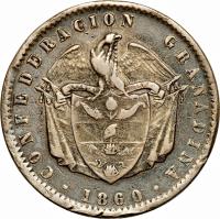 obverse of 1 Peso (1859 - 1861) coin with KM# 126 from Colombia. Inscription: CONFEDERACION GRANADINA 1860