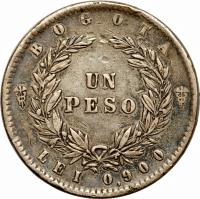 reverse of 1 Peso (1859 - 1861) coin with KM# 126 from Colombia. Inscription: BOGOTA UN PESO LEY 0.900