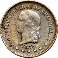 obverse of 10 Centavos (1872 - 1874) coin with KM# 171 from Colombia. Inscription: ESTADOS UNIDOS DE COLOMBIA 1874