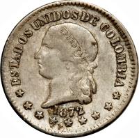 obverse of 1 Décimo (1868 - 1874) coin with KM# 151 from Colombia. Inscription: ESTADOS UNIDOS DE COLOMBIA *********