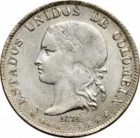 obverse of 2 Décimos (1874) coin with KM# 160 from Colombia. Inscription: ESTADOS UNIDOS DE COLOMBIA 1874