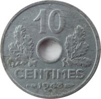 France coin 10 Centimes (1943 - 1944) reverse reverse of 10 Centimes (1943 - 1944) coin with KM# 903 from France. Inscription: 10 CENTIMES 1944