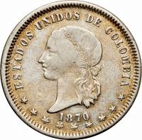 obverse of 5 Décimos (1868 - 1880) coin with KM# 153 from Colombia. Inscription: ESTADOS UNIDOS DE COLOMBIA 1875 *********