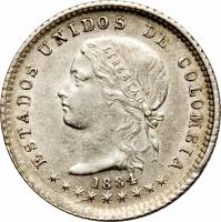 obverse of 10 Centavos (1874 - 1885) coin with KM# 175 from Colombia. Inscription: ESTADOS UNIDOS DE COLOMBIA 1875