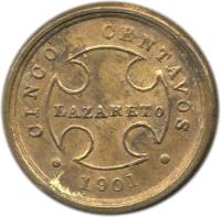 Colombia coin 5 Centavos - Leprosarium Coinage (1901) obverse obverse of 5 Centavos - Leprosarium Coinage (1901) coin with KM# L2 from Colombia. Inscription: CINCO CENTAVOS LAZARETO · 1901 ·
