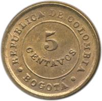 Colombia coin 5 Centavos - Leprosarium Coinage (1901) reverse reverse of 5 Centavos - Leprosarium Coinage (1901) coin with KM# L2 from Colombia. Inscription: REPUBLICA DE COLOMBIA 5 CENTAVOS · BOGOTA ·