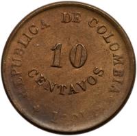 Colombia coin 10 Centavos - Leprosarium Coinage (1901) reverse reverse of 10 Centavos - Leprosarium Coinage (1901) coin with KM# L3 from Colombia. Inscription: REPUBLICA DE COLOMBIA 10 CENTAVOS 1901