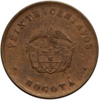 reverse of 20 Centavos - Leprosarium Coinage (1901) coin with KM# L4 from Colombia. Inscription: VEINTE CENTAVOS · BOGOTA ·
