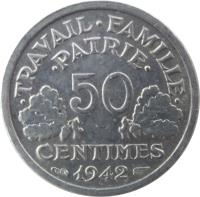France coin 50 Centimes - Heavier (1942 - 1943) reverse reverse of 50 Centimes - Heavier (1942 - 1943) coin with KM# 914.4 from France. Inscription: · TRAVAIL · FAMILLE · · PATRIE · 50 CENTIMES 1942