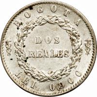 reverse of 2 Reales (1849 - 1853) coin with KM# 109 from Colombia. Inscription: BOGOTA DOS REALES LEI 0,900