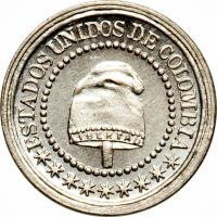 obverse of 1 1/4 Centavo (1874) coin with KM# 173 from Colombia. Inscription: ESTADOS UNIDOS DE COLOMBIA