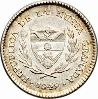 obverse of 2 Reales (1847 - 1849) coin with KM# 105 from Colombia. Inscription: REPUBLICA DE LA NUEVA GRANADA · 1849 ·